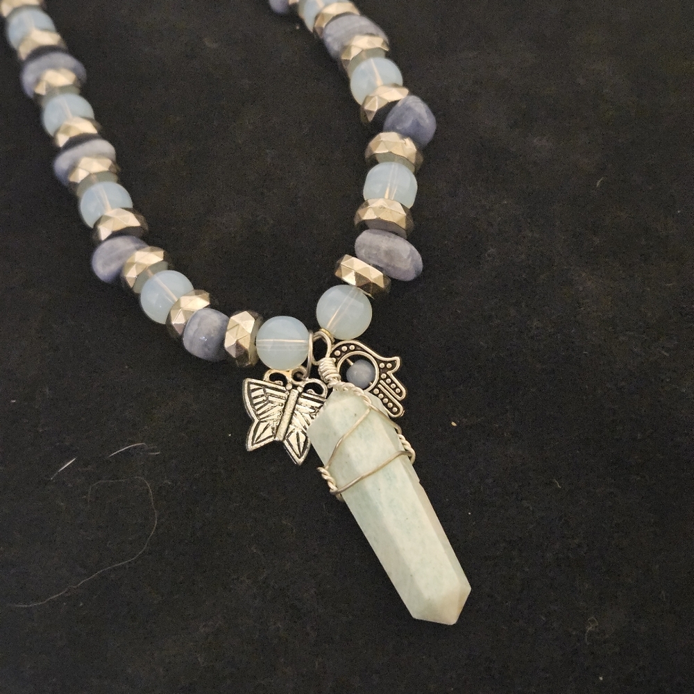 Blue and Silver Beaded Necklace with Pendant